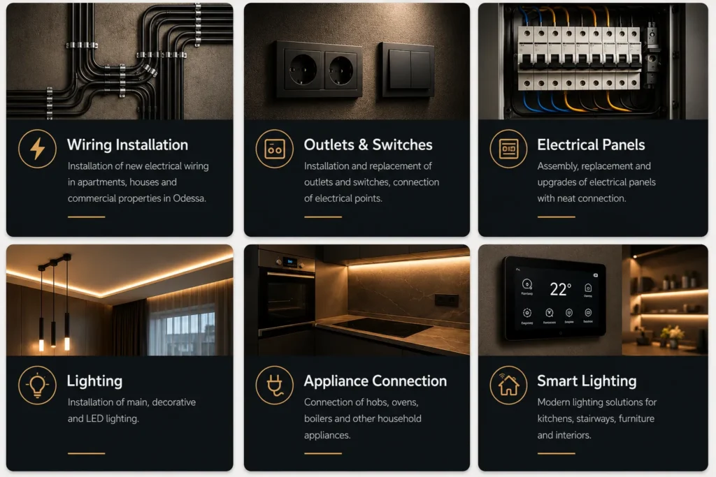 Electrical installation services in Odessa by Voltyria: wiring installation, outlets and switches, electrical panels, lighting, appliance connection and smart lighting solutions.
