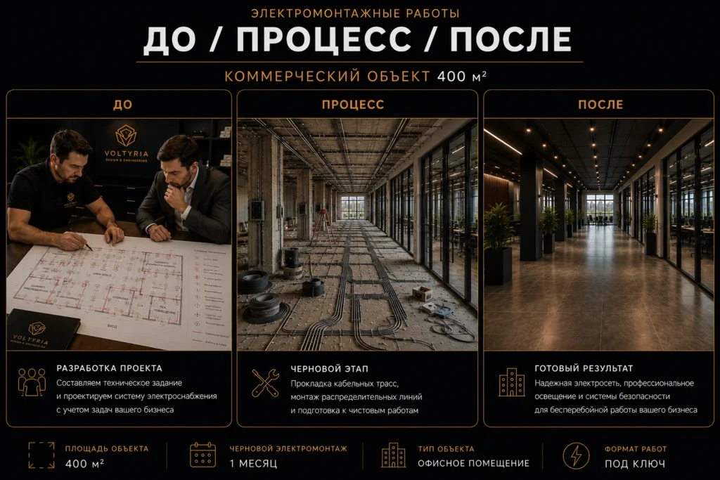 Этапы электромонтажа коммерческого объекта площадью 400 м² в Одессе: разработка проекта с заказчиком, черновой электромонтаж с прокладкой кабельных трасс и готовый современный офис после завершения инженерных работ под ключ от Voltyria.