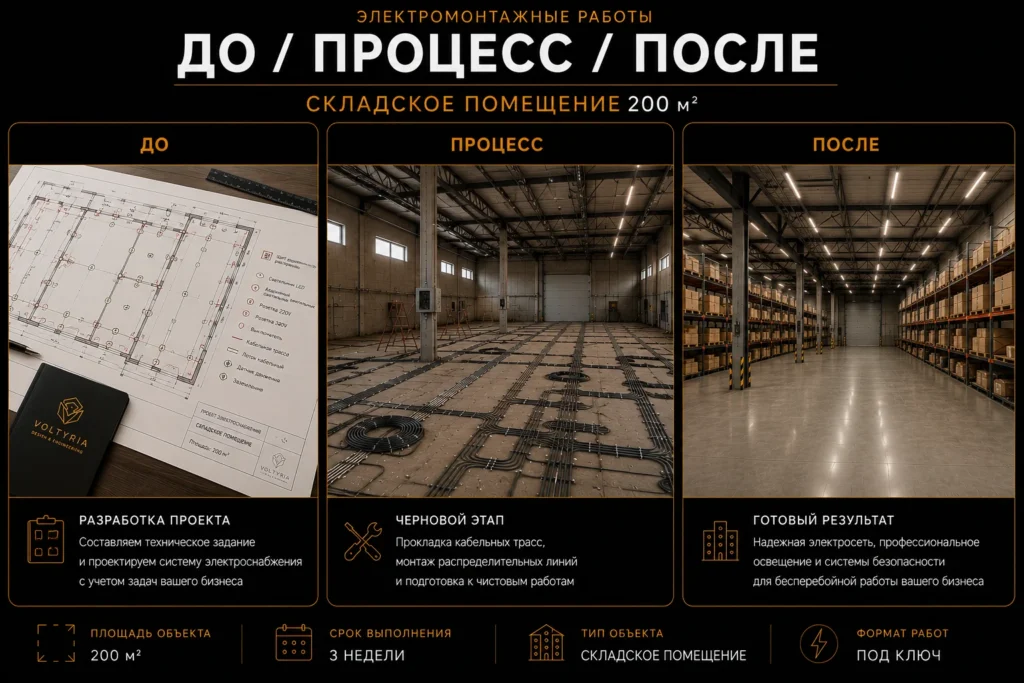 Этапы электромонтажа складского помещения площадью 200 м² в Одессе: разработка проекта электроснабжения, черновой электромонтаж с прокладкой кабельных трасс и готовый современный склад с профессиональным освещением и инженерными системами под ключ от Voltyria.