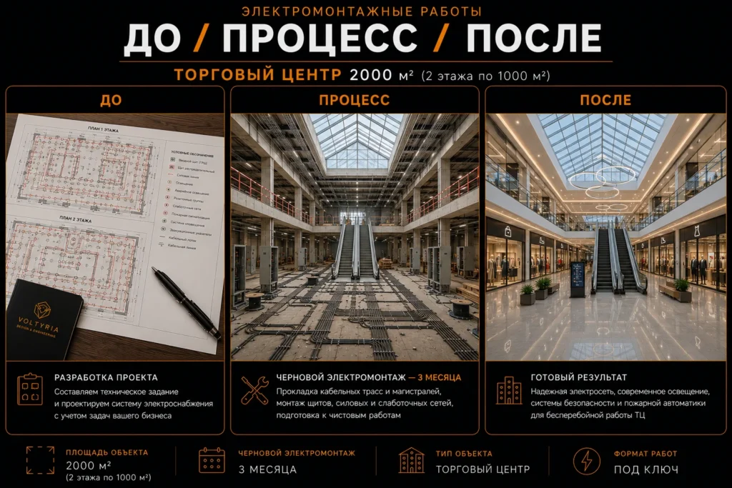 Этапы электромонтажа двухэтажного торгового центра площадью 2000 м² в Одессе: разработка проекта электроснабжения, черновой электромонтаж с прокладкой кабельных магистралей и инженерных систем, а также готовый современный торговый центр с надежной электросетью, профессиональным освещением, пожарной автоматикой и системами безопасности под ключ от Voltyria.