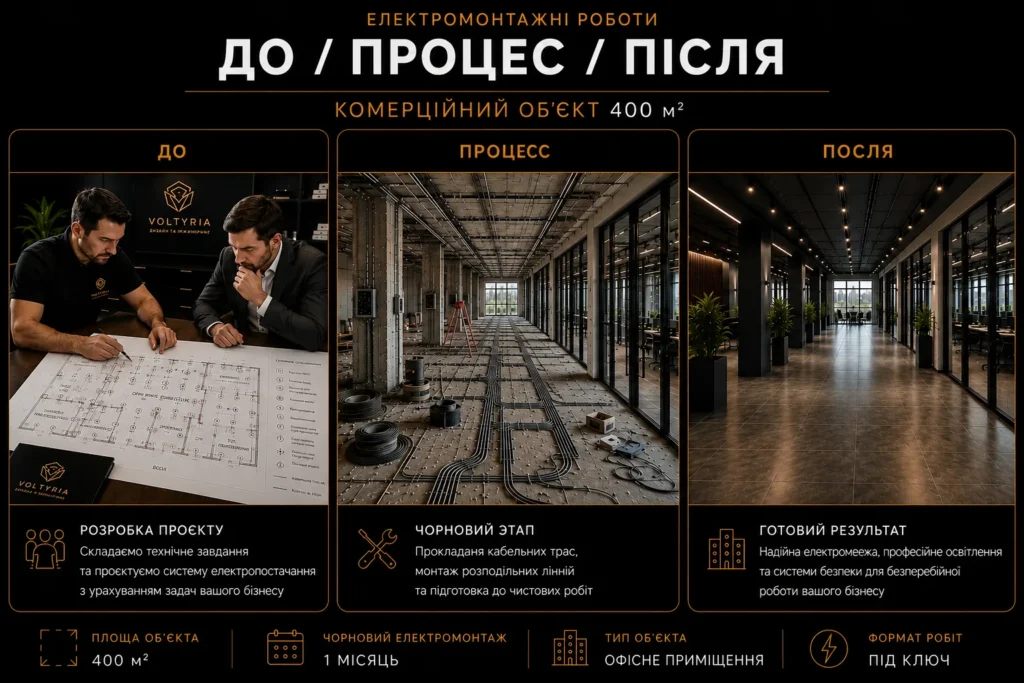 Електромонтаж комерційних приміщень в Одесі Електромонтаж комерційного об’єкта 400 м² в Одесі — проєктування, чорновий етап та готовий результат Voltyria
