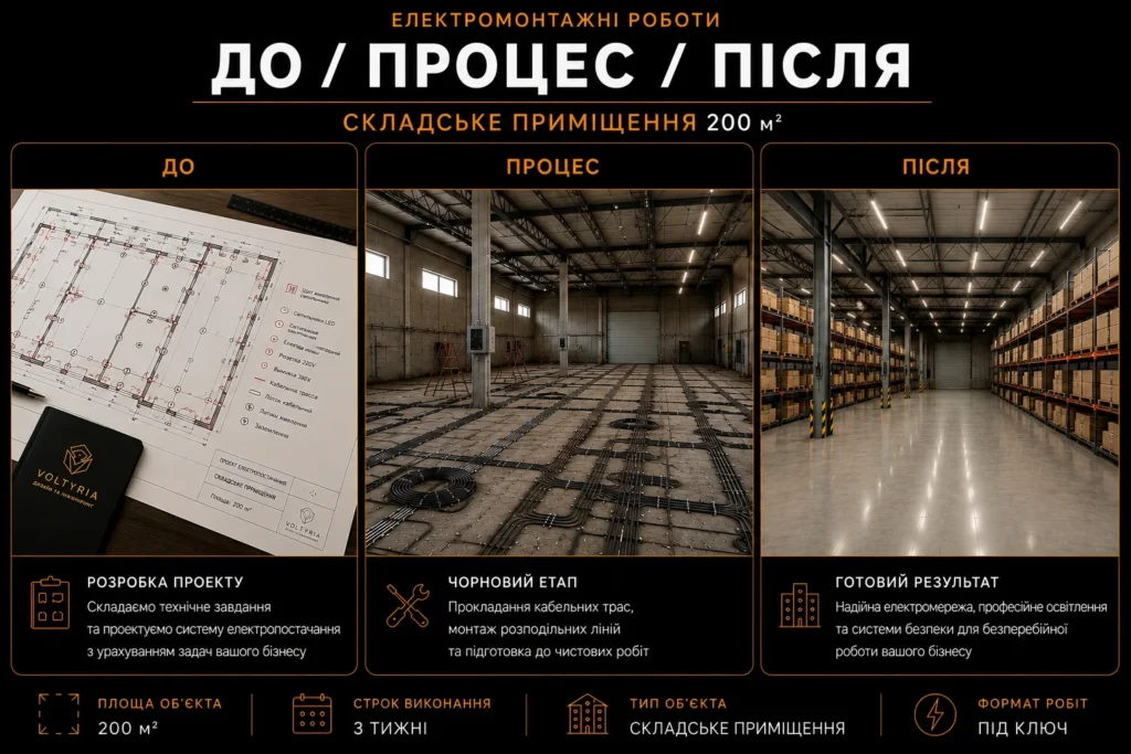 Електромонтаж комерційних приміщень в Одесі Електромонтаж складського приміщення 200 м² в Одесі — проєктування, чорновий етап та готовий результат Voltyria