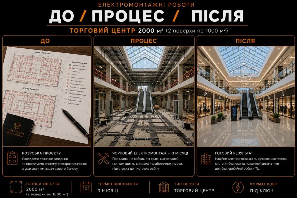 Електромонтаж комерційних приміщень в Одесі Електромонтаж торгового центру 2000 м² в Одесі — проєктування, чорновий електромонтаж та готовий результат Voltyria