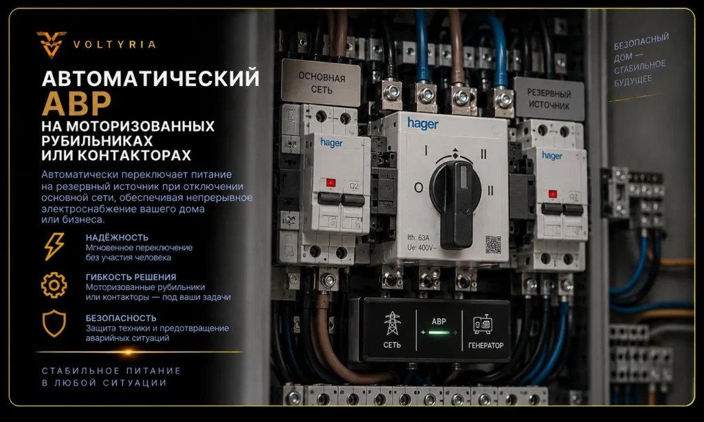 Автоматический АВР на моторизованных рубильниках или контакторах для резервного электроснабжения Voltyria