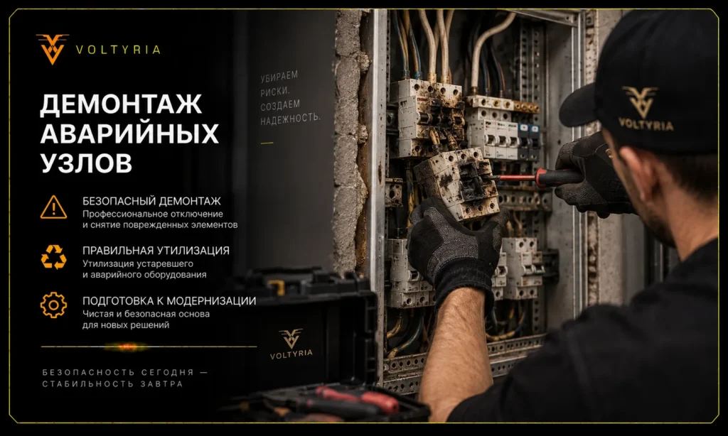 Модернизация электрощита в Одессе под ключ Демонтаж аварийных узлов электрощита в Одессе — удаление поврежденных автоматов и подготовка щита к модернизации Voltyria
