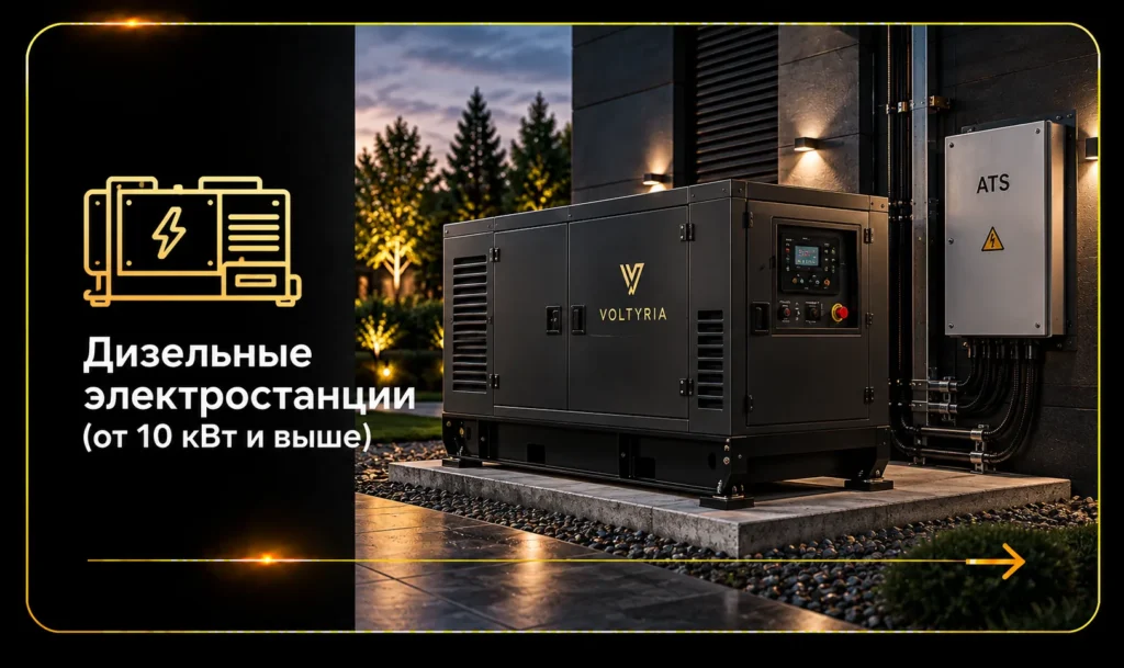 Дизельные электростанции от 10 кВт для резервного электроснабжения дома и бизнеса Voltyria