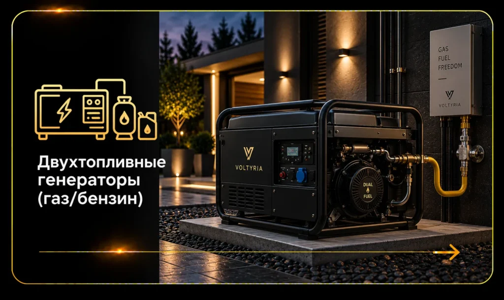 Двухтопливный генератор газ-бензин для резервного электроснабжения дома Voltyria