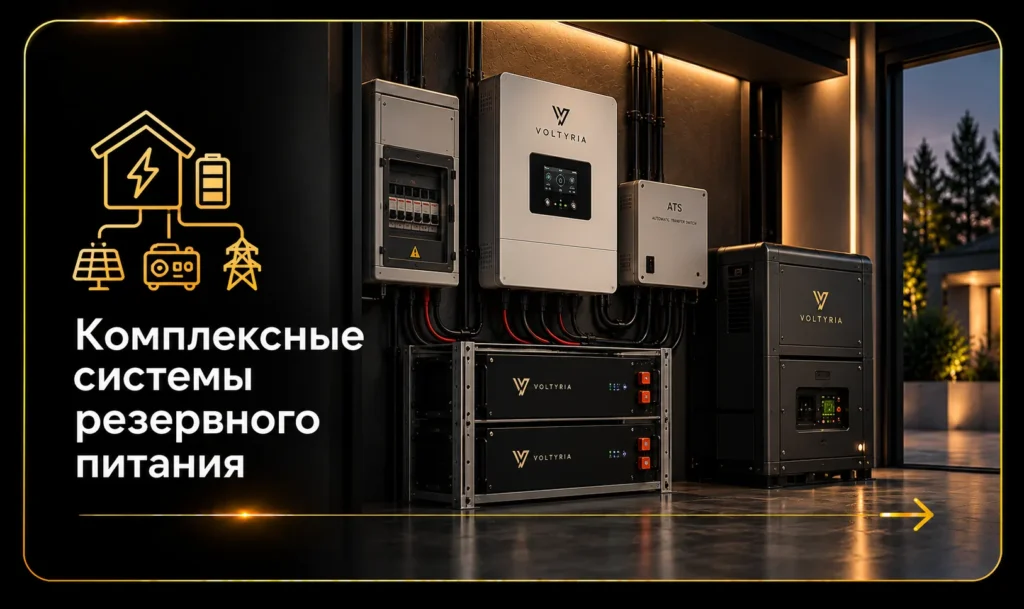 Резервное питание в Одессе: системы энергонезависимости под ключ Комплексная система резервного питания с инвертором, аккумуляторами и автоматическим вводом резерва в Одессе Voltyria