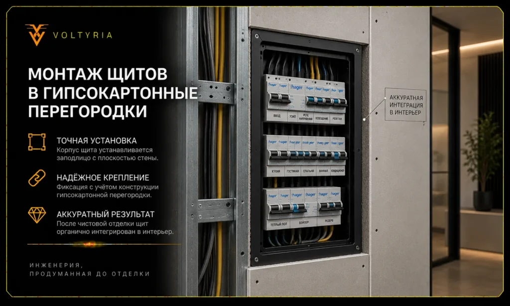Монтаж электрощита в гипсокартонную перегородку с аккуратной прокладкой кабелей в Одессе Voltyria