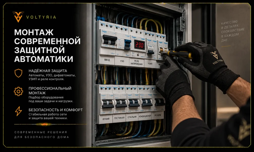 Модернизация электрощита в Одессе под ключ Монтаж современной защитной автоматики электрощита в Одессе — автоматы, УЗО, УЗИП и реле напряжения Voltyria