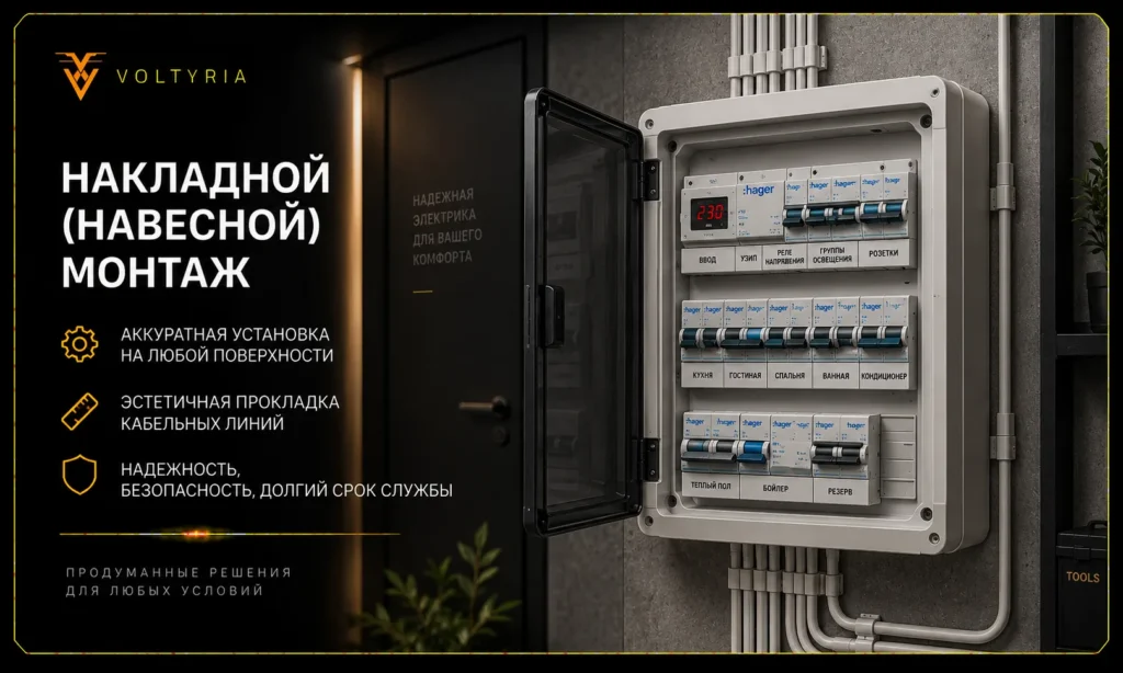 Накладной монтаж электрощита с аккуратной прокладкой кабельных линий в Одессе Voltyria
