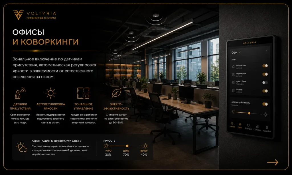Автоматизация освещения офисов и коворкингов с датчиками присутствия и регулировкой яркости — Voltyria