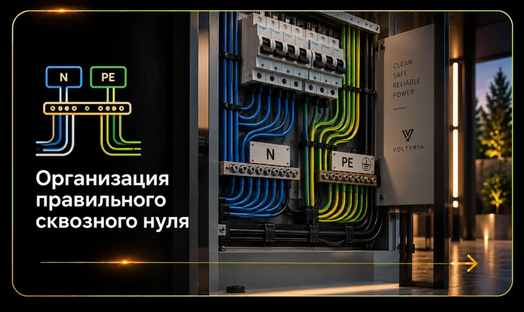 Организация правильного сквозного нуля с раздельными шинами N и PE в электрощите Voltyria