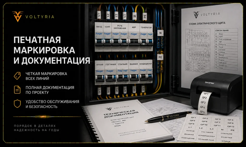 Печатная маркировка линий и техническая документация при сборке электрощита Voltyria