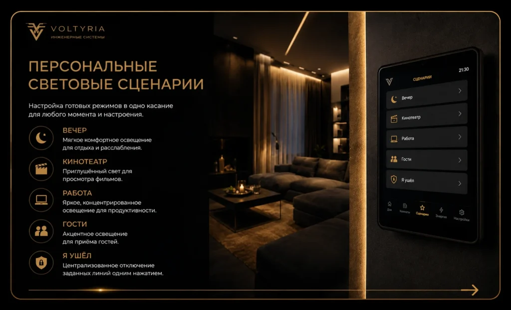 Персональные световые сценарии Smart Home Voltyria — режимы Вечер, Кинотеатр, Работа, Гости и Я ушёл