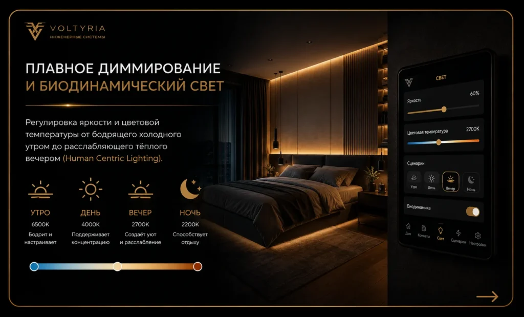 Плавное диммирование и биодинамический свет с регулировкой яркости и цветовой температуры в системе умного дома Voltyria