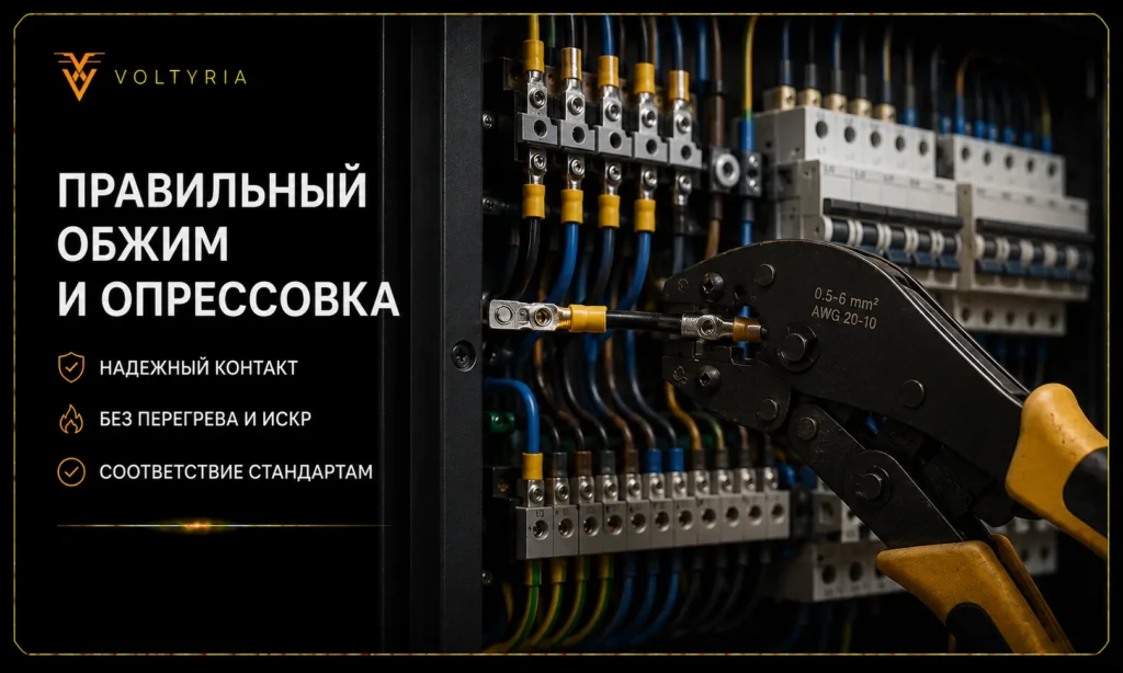 Правильный обжим и опрессовка проводов при сборке электрощита для надежного электрического контакта Voltyria