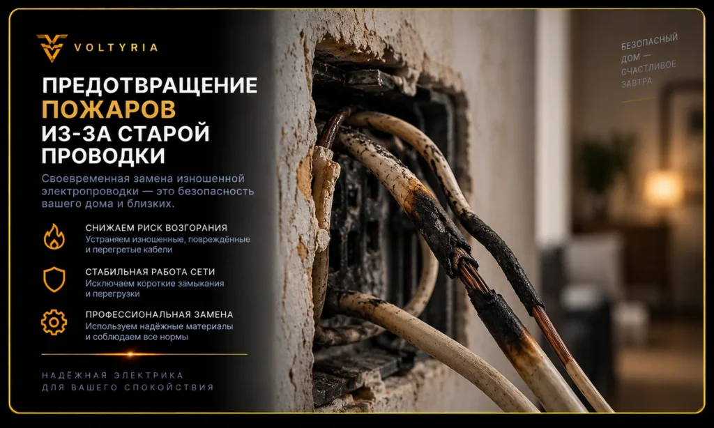Монтаж и замена УЗО в Одессе под ключ Старая поврежденная электропроводка с перегретой изоляцией — предотвращение пожаров при замене проводки Voltyria