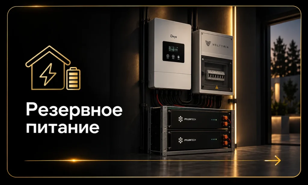 Резервное питание для дома с гибридным инвертором и аккумуляторными батареями Voltyria