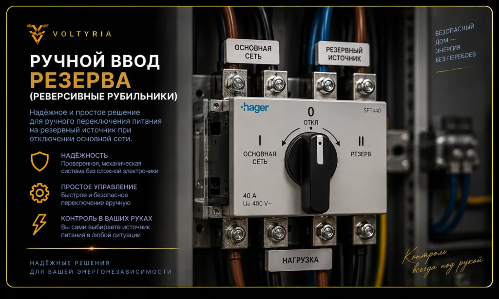 Ручной ввод резерва на реверсивном рубильнике для переключения между основной сетью и резервным источником питания Voltyria
