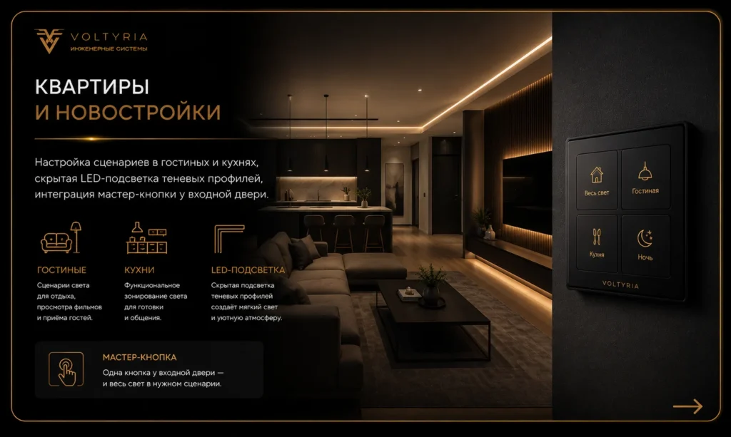 Умное освещение квартиры в новостройке — световые сценарии, скрытая LED-подсветка и мастер-кнопка Voltyria