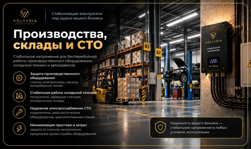 Стабилизаторы напряжения для бизнеса в Одессе под ключ
Стабилизация электросети для производств, складов и СТО с защитой оборудования от перепадов напряжения Voltyria