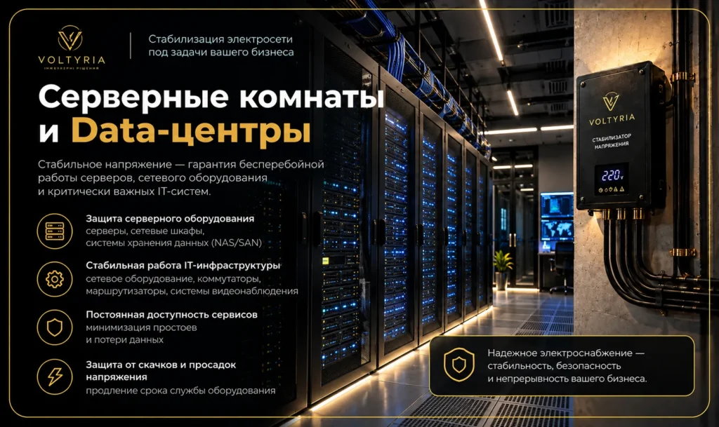 Стабилизаторы напряжения для бизнеса в Одессе под ключ
Стабилизация электросети серверных комнат и Data-центров для защиты серверов и IT-инфраструктуры Voltyria