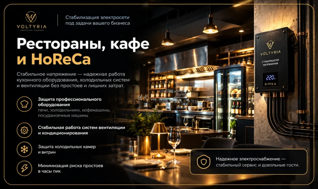 Стабилизаторы напряжения для бизнеса в Одессе под ключ
Стабилизация напряжения для ресторанов, кафе и HoReCa в Одессе — защита профессионального кухонного и холодильного оборудования Voltyria