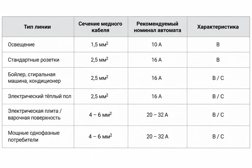 Замена автоматов в электрощитке в Одессе Таблица подбора номинала автоматического выключателя по сечению медного кабеля для разных типов электрических линий Voltyria