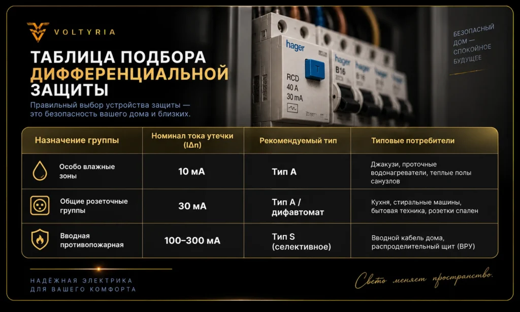 Монтаж и замена УЗО в Одессе под ключ Таблица подбора дифференциальной защиты по току утечки и назначению электрических групп Voltyria