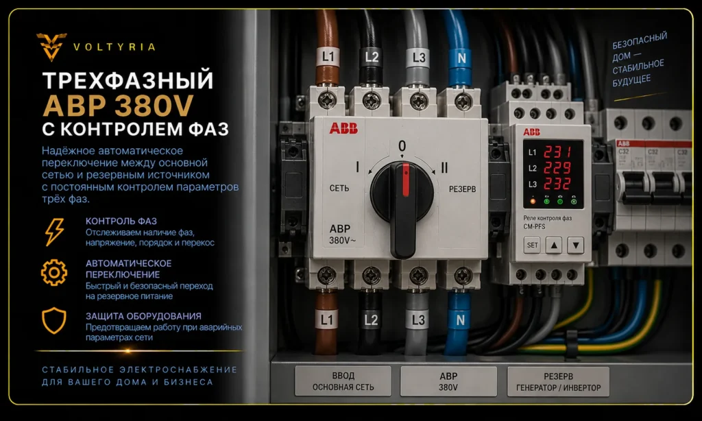 Трехфазный АВР 380 В с контролем фаз и автоматическим переключением на резервный источник питания Voltyria