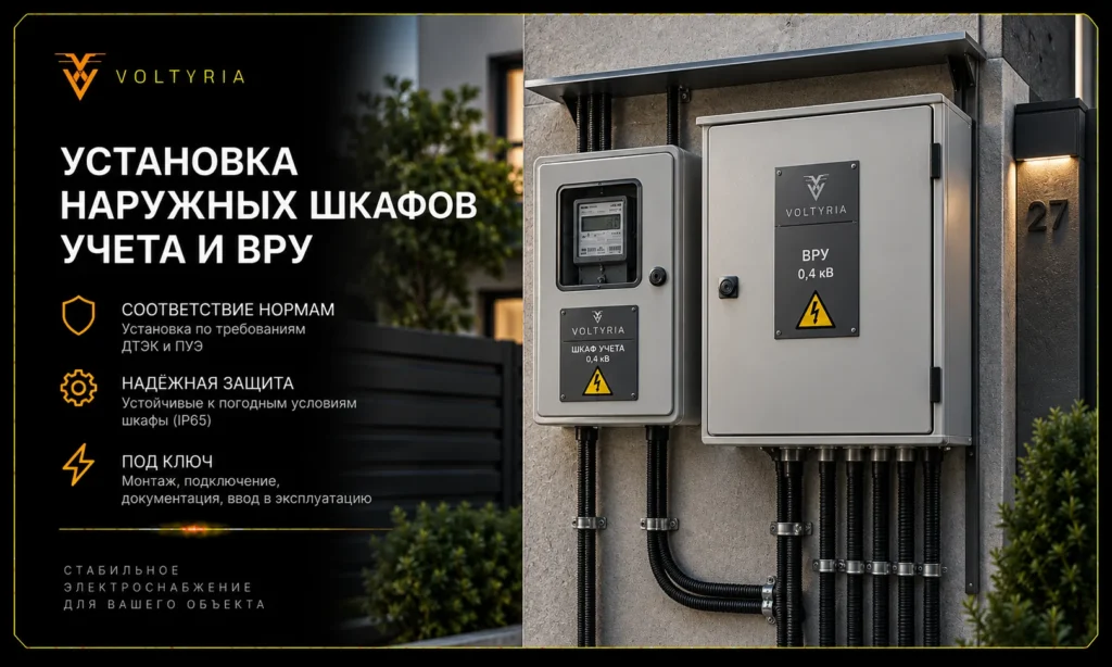 Установка наружных шкафов учета электроэнергии и ВРУ на объекте в Одессе Voltyria