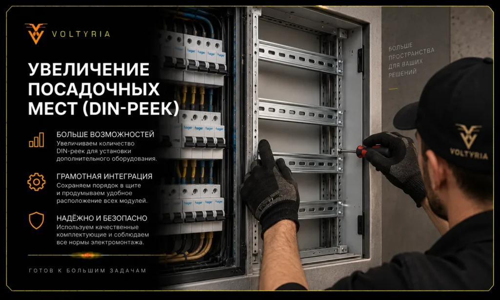 Модернизация электрощита в Одессе под ключ Увеличение посадочных мест и DIN-реек электрощита в Одессе для установки дополнительного оборудования Voltyria