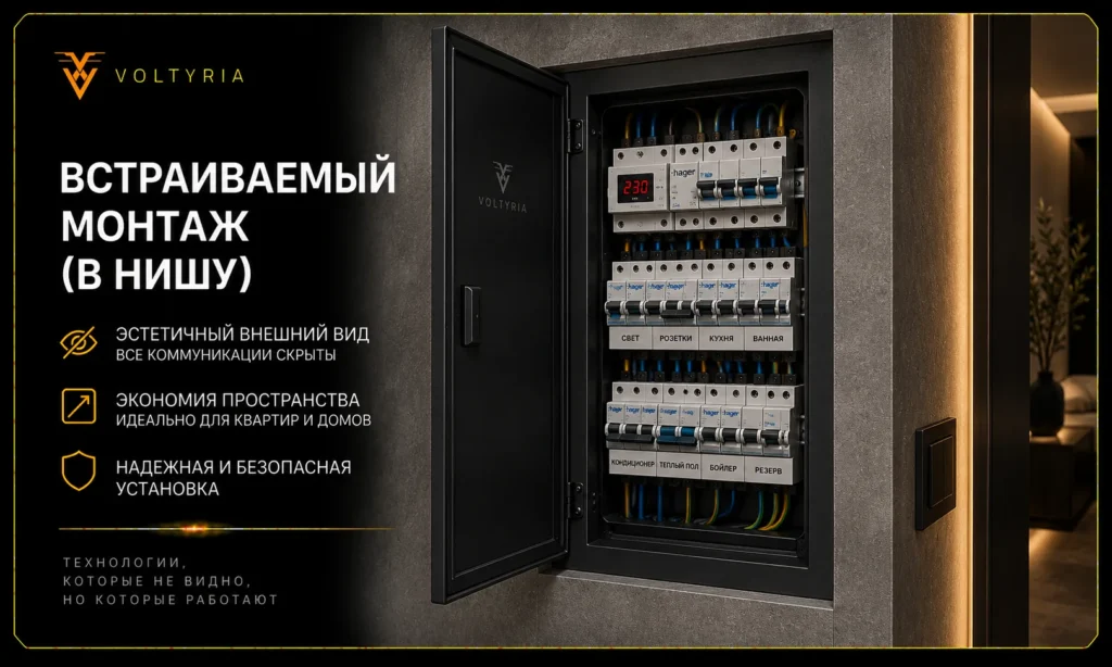 Встраиваемый монтаж электрощита в нишу с аккуратным скрытым размещением коммуникаций Voltyria