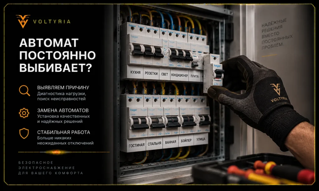 Замена автоматов в электрощитке в Одессе Замена автоматов в электрощите в Одессе — диагностика причин срабатывания и установка защитной автоматики Voltyria