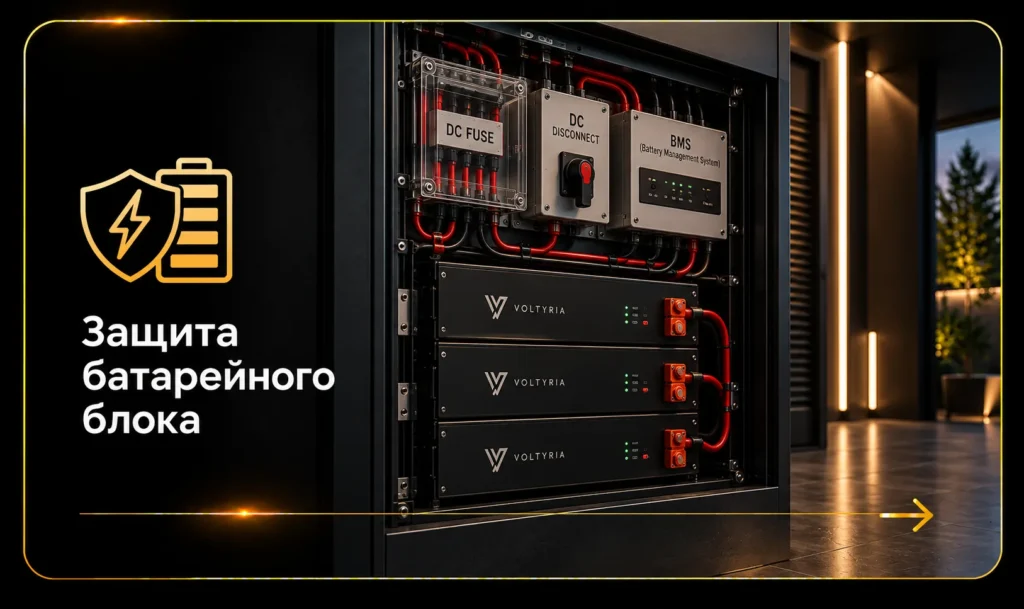 Защита батарейного блока инвертора с BMS, DC-предохранителями и системой отключения Voltyria