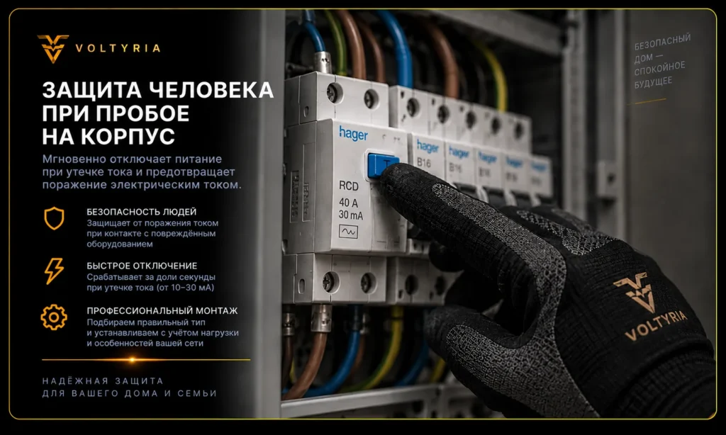 Монтаж и замена УЗО в Одессе под ключ Защита человека от поражения электрическим током при пробое на корпус оборудования Voltyria