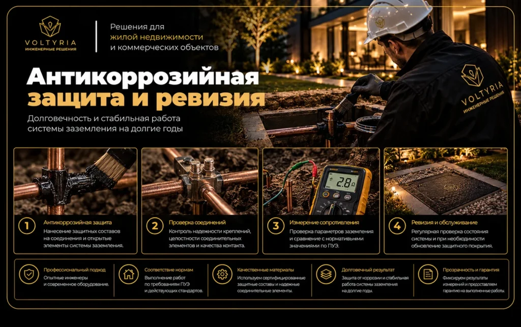 Антикоррозийная защита и ревизия контура заземления в Одессе — обработка соединений, проверка контактов и измерение сопротивления заземления специалистами Voltyria.