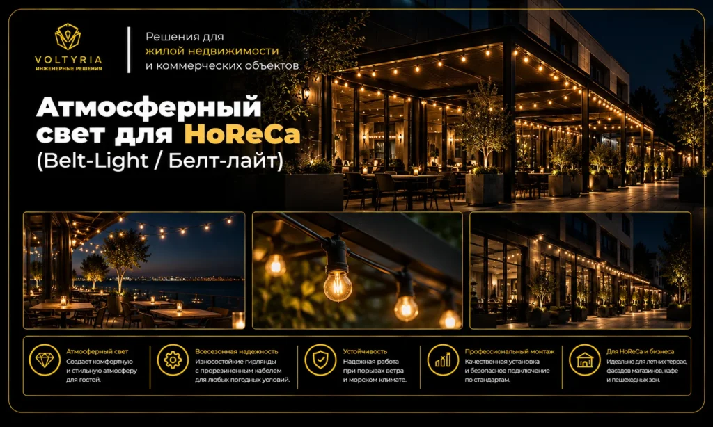 Атмосферное освещение Belt-Light для летних террас, кафе и коммерческих пространств Voltyria