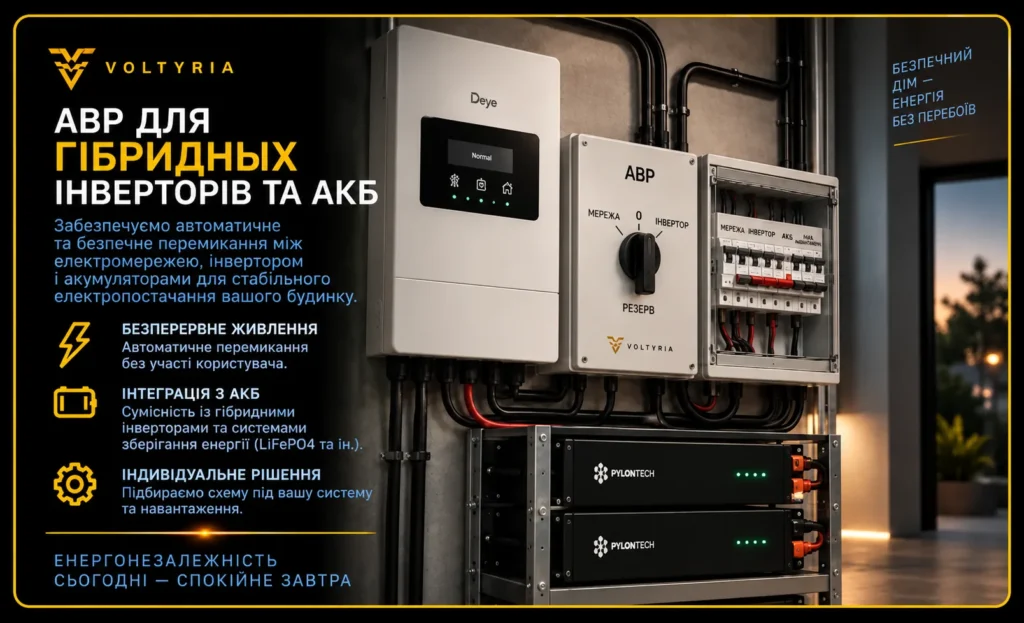 Щит АВР для гібридного інвертора Deye та акумуляторних батарей — система резервного електроживлення будинку в Одесі, Voltyria.