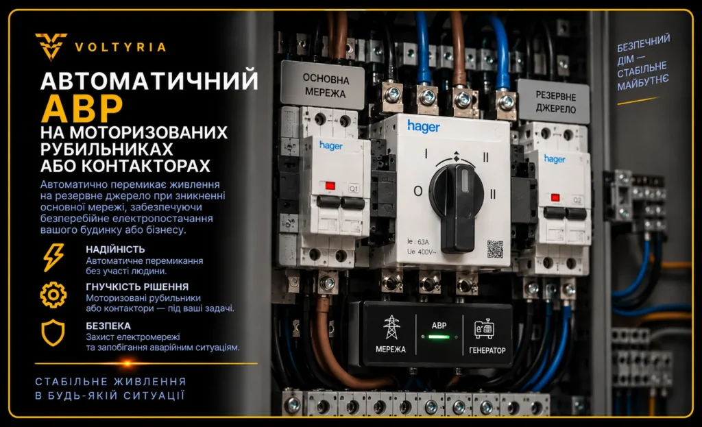 Автоматичний АВР на моторизованих перемикачах для резервного електроживлення будинку — монтаж щита АВР в Одесі, Voltyria.