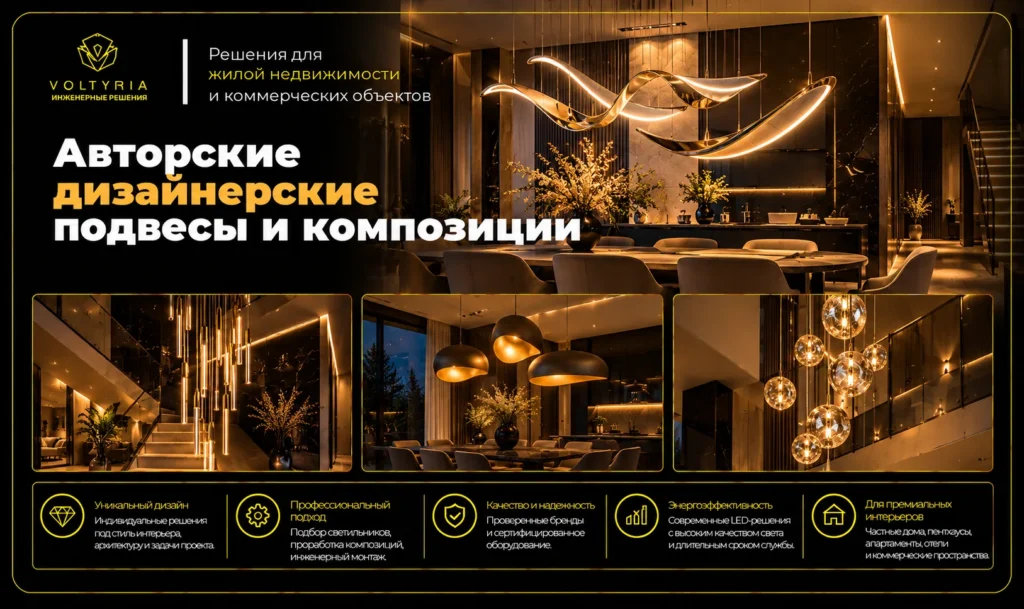Авторские дизайнерские подвесы и световые композиции в премиальных интерьерах — декоративное освещение гостиных, лестниц и обеденных зон Voltyria