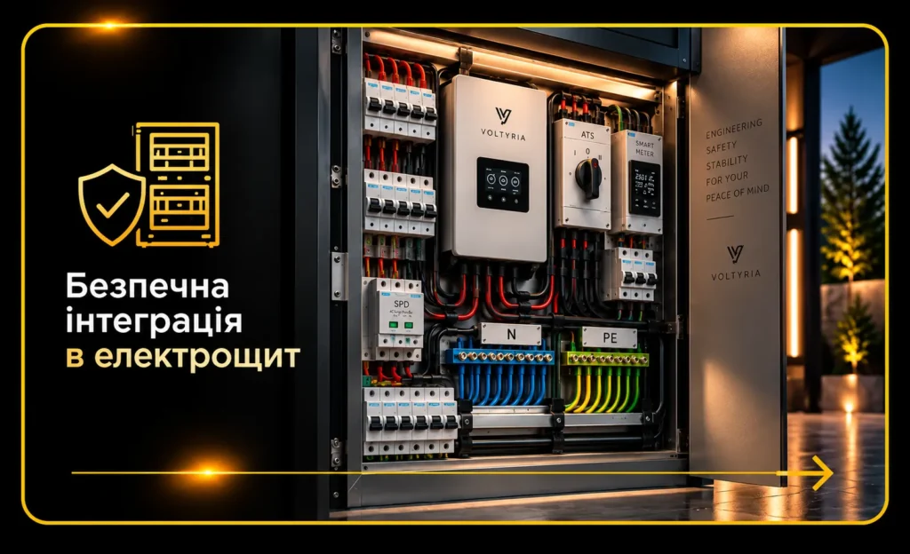Безпечна інтеграція інвертора в електрощит із захисною автоматикою, перемикачем резервного живлення та шинами N і PE — Voltyria, Одеса.