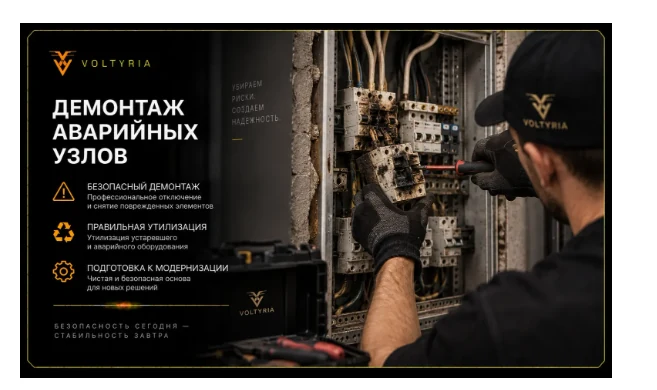Демонтаж аварійних вузлів електрощита в Одесі — електрик Voltyria демонтує пошкоджені автоматичні вимикачі та застарілі електричні з'єднання перед модернізацією щитового обладнання.
