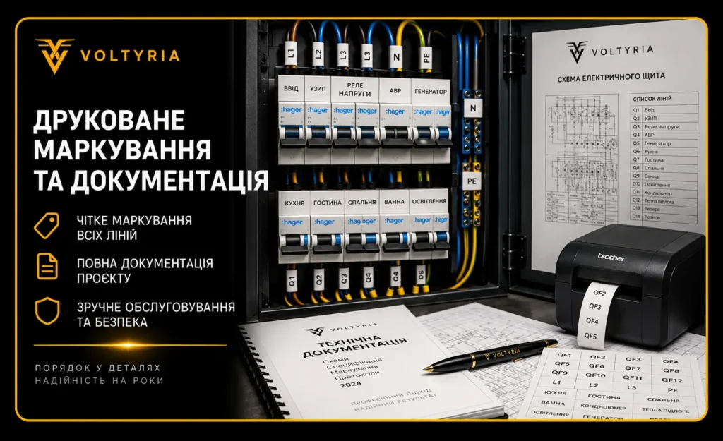Друковане маркування автоматичних вимикачів і кабельних ліній у розподільному електрощиті Voltyria, однолінійна схема та технічна документація.