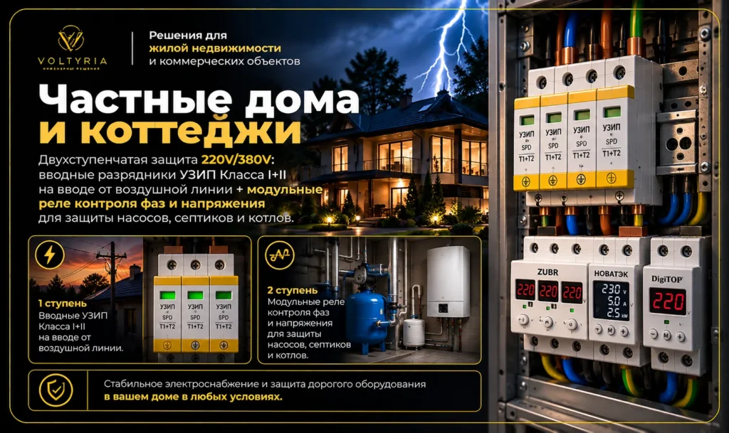 Двухступенчатая защита частного дома УЗИП и реле контроля напряжения 220V/380V в Одессе Voltyria