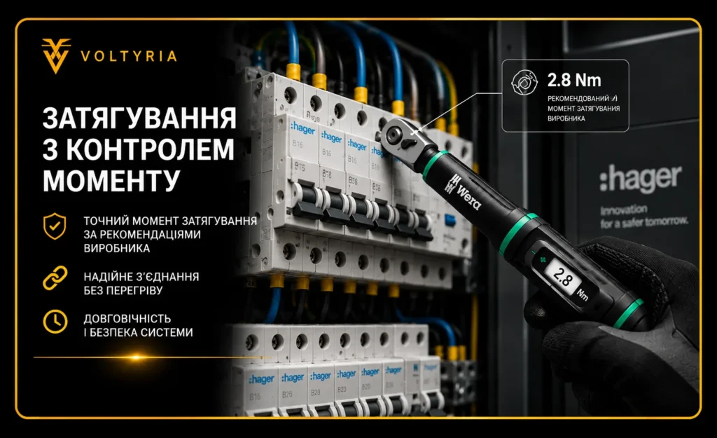 Динамометричне затягування клем автоматичних вимикачів Hager у розподільному електрощиті з контролем моменту затягування.