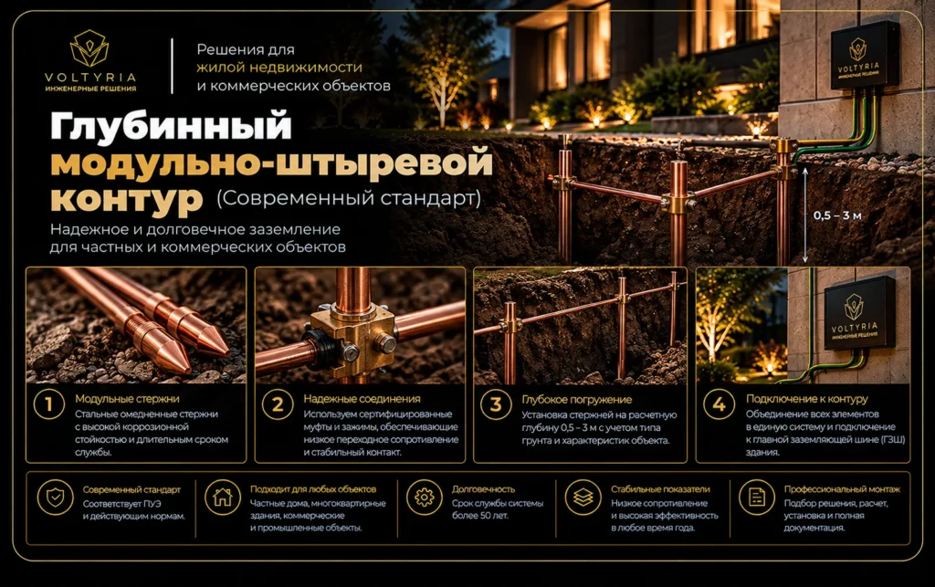 Глубинный модульно-штыревой контур заземления в Одессе — омеднённые стержни, соединительные муфты, монтаж электродов и подключение к заземляющей шине здания Voltyria.