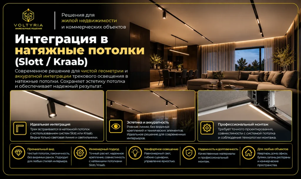 Интеграция трекового освещения в натяжные потолки Slott и Kraab — монтаж Voltyria