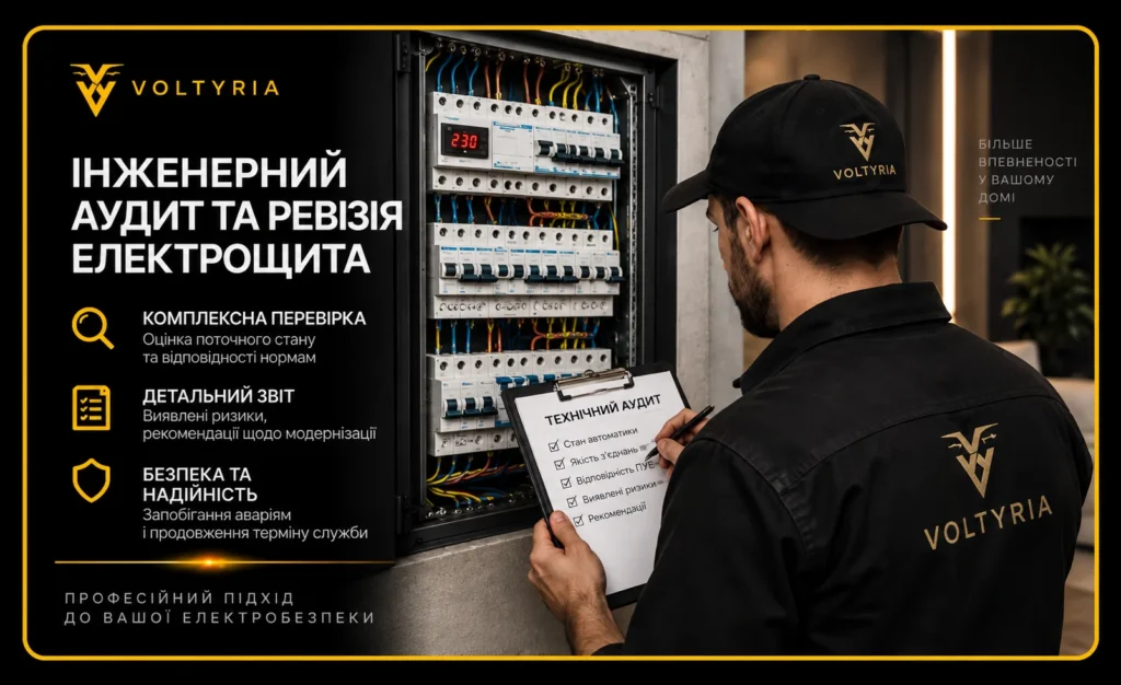 Інженерний аудит та ревізія електрощита в Одесі — фахівець Voltyria перевіряє стан захисної автоматики, електричних з'єднань та безпеку щитового обладнання.